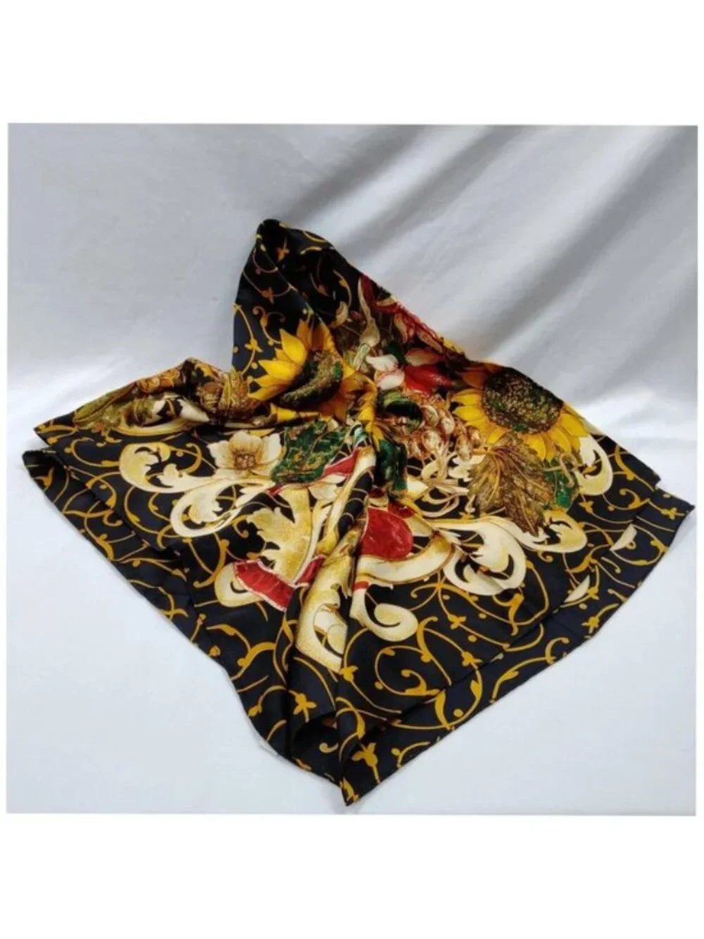 Authentic CHANEL Floral Sunflower Silk Square Scarf CC Logo